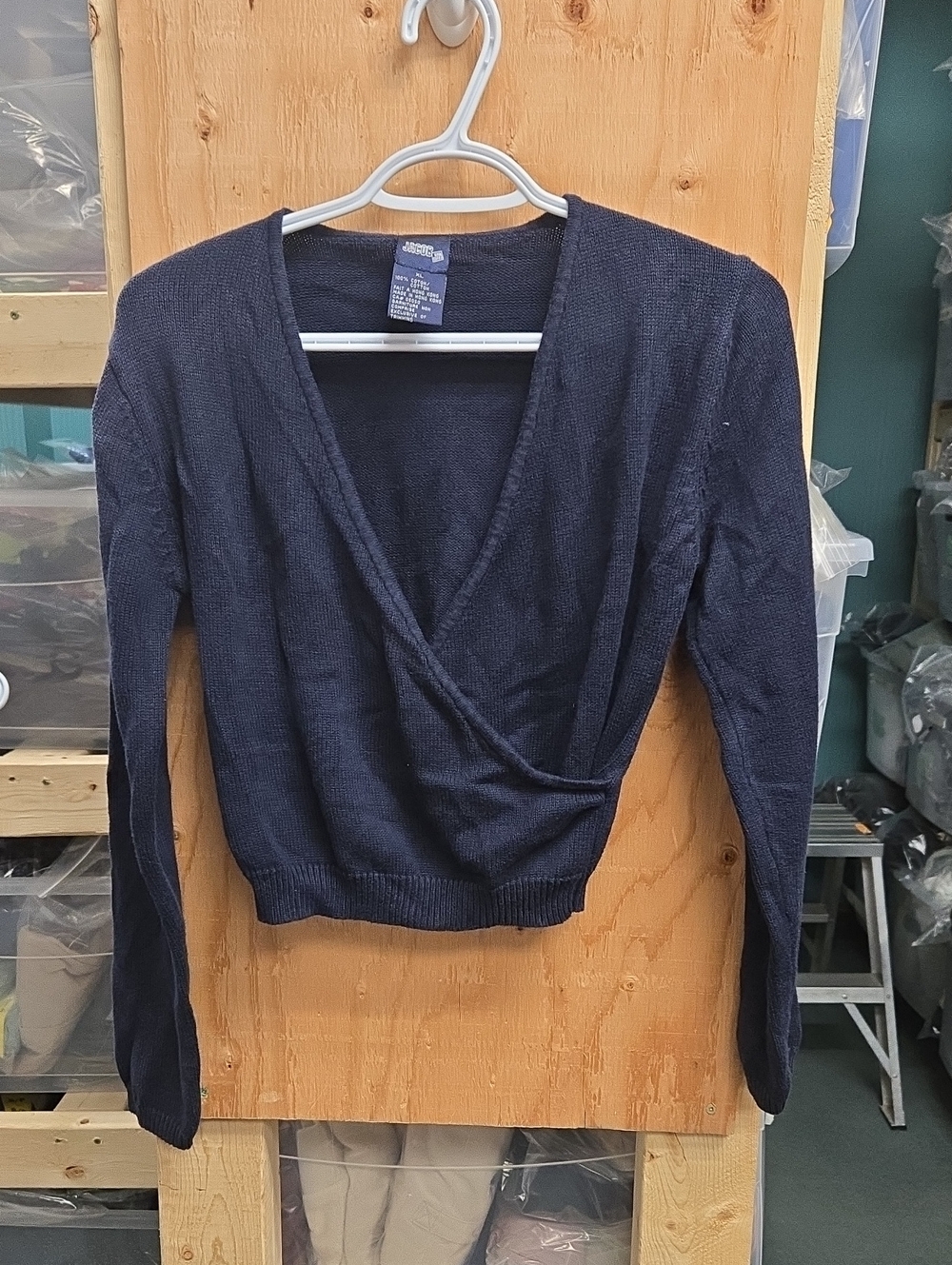 Jacob Jr. Size XL Navy Knit Cropped Faux Wrap Sweater